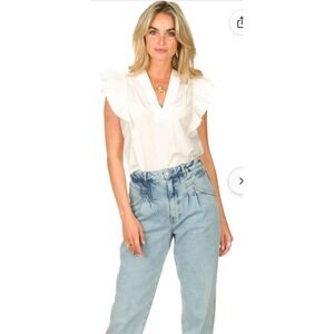 Magali Pascal Sumba White Pleated Ruffle V-Neck Cap Sleeve Blouse Top XS